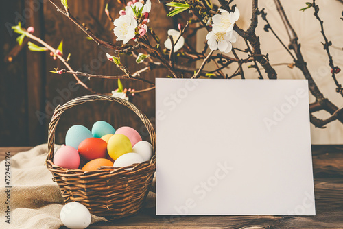 Spring Easter Greeting Card Paper Mock-up with Eggs Basket (ID: 722442126)