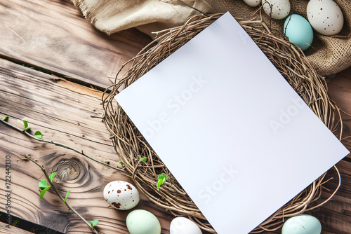 Spring Easter Greeting Card Paper Mock-up with Eggs Basket (ID: 722442130)