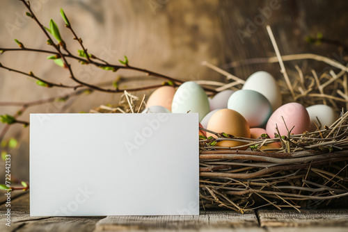 Spring Easter Greeting Card Paper Mock-up with Eggs Basket (ID: 722442133)