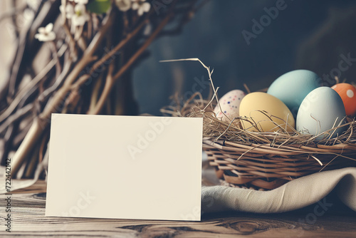 Spring Easter Greeting Card Paper Mock-up with Eggs Basket (ID: 722442142)