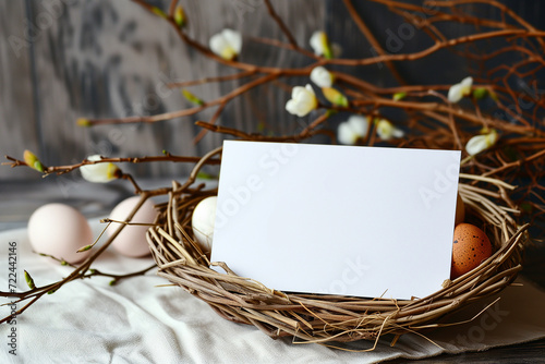 Spring Easter Greeting Card Paper Mock-up with Eggs Basket (ID: 722442146)