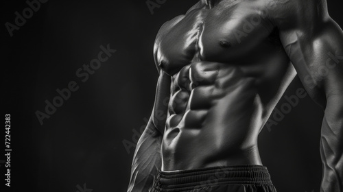 Naked chest and abdomen of a muscular bodybuilder. Athletic man, gym training, fit and lean body. Black background and copy space.