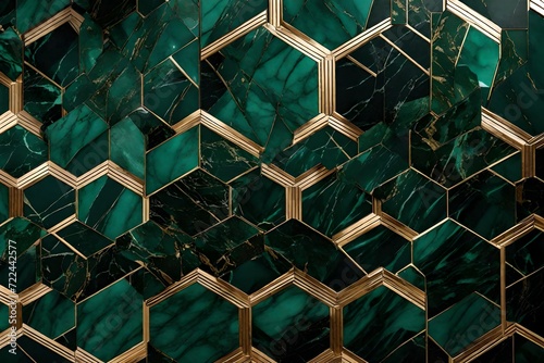 Wallpaper with a luxurious blend of emerald green marble and warm cherry wood hexagon tiles, each piece embellished with intricate white and golden designs, interconnected by sleek black seams. 8k
