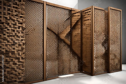A modern room divider made of oak and walnut wood wicker 3D panels, featuring a seamless, elegant texture. 8k