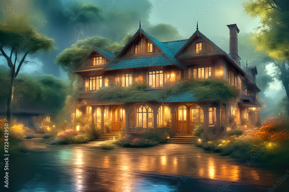 Obraz premium An old mysterious house with brightly lit windows, surrounded by trees in the late evening.