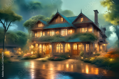 An old mysterious house with brightly lit windows, surrounded by trees in the late evening.
