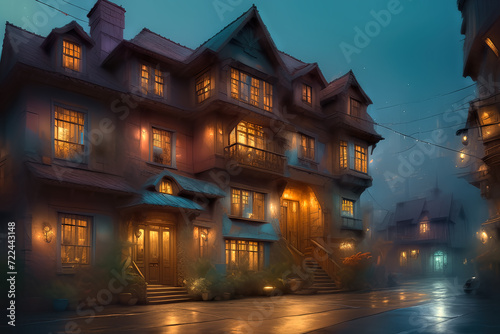An old mysterious house with brightly lit windows, surrounded by trees in the late evening.