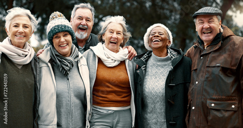 Fotografía Happy, portrait and senior friends in a park while walking outdoor for fresh air together