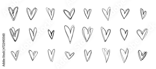 Set of messy outline brush stroke textured black hearts frames for Valentines day greeting cards and banners design, romantic decoration