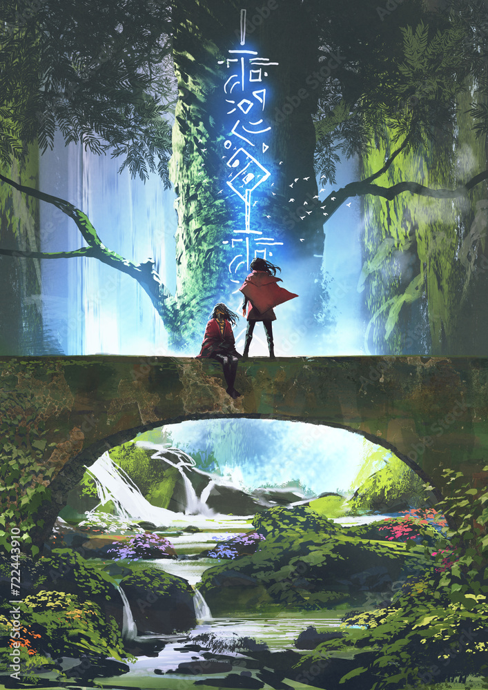 Obraz premium A man and woman standing on a stone bridge against the background of a sacred tree., digital art style, illustration painting