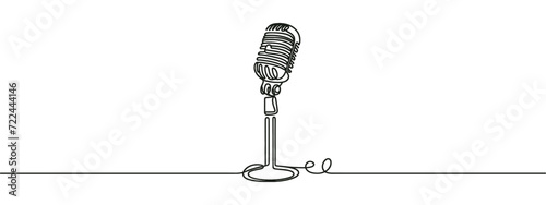 Single one line drawing vintage retro stage microphone. Old technology stand microphone concept for comedian at standup comedy show. Modern continuous line draw design graphic vector illustration