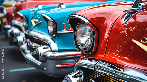 Get nostalgic with this captivating image featuring a classic car show, showcasing stunning vintage vehicles and gleaming chrome. Immerse yourself in the timeless beauty of these automobiles. © Nijat