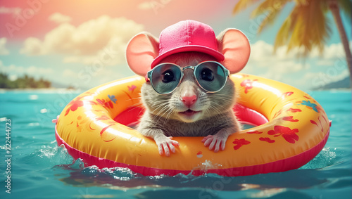 Cute mouse resting on the sea swimming ring, © tanya78