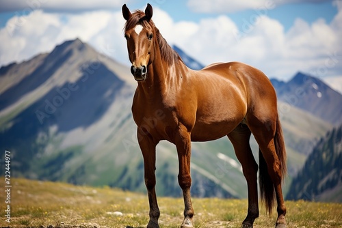 Beautiful horse peacefully grazing on lush  scenic alpine meadow with space for text