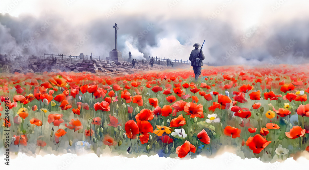 World War 1 (WW1) battlefield filled with red poppies and a soldier. Watercolour. ANZAC Day or Remembrance Day concept - obrazy, fototapety, plakaty 