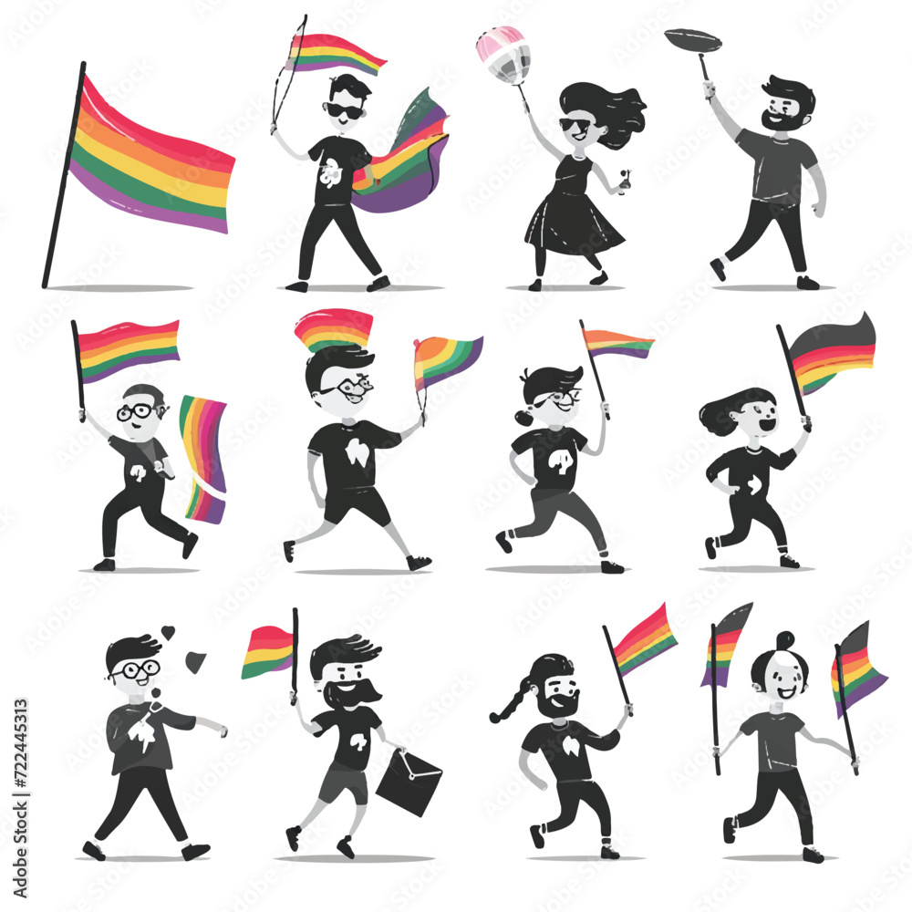 Happy people with LGBT flags: Monochromatic flat vector.