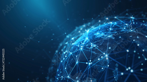 a globe connected with lines, dots, and other electrical connections, in the style of dark sky-blue and dark navy, soft-focus, streamlined forms