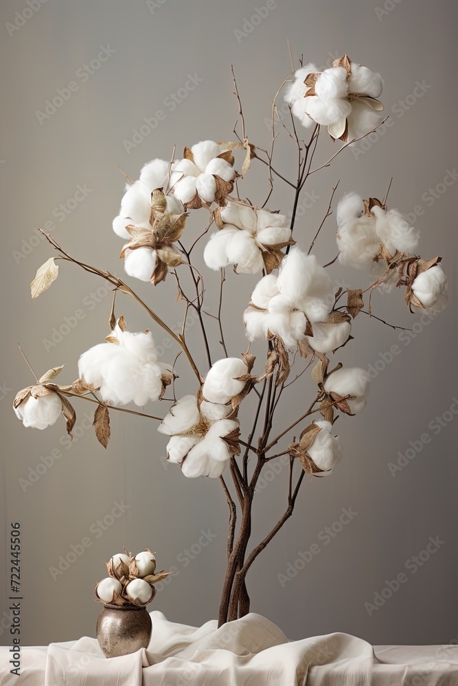 a vase with cotton flowers and a branch created with Generative AI a vase with cotton flowers and a branch created with Generative AI
