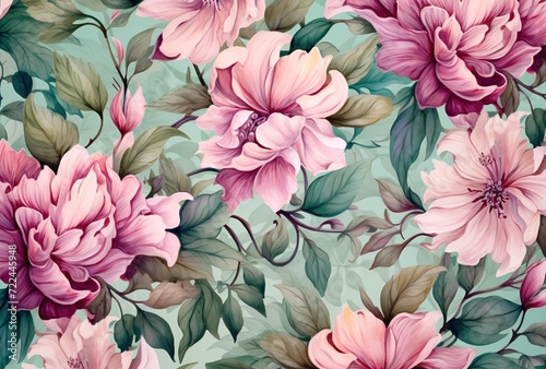 a floral background with pink flowers and green leaves created with Generative AI