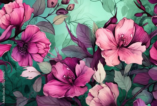 a floral background with pink flowers and green leaves created with Generative AI