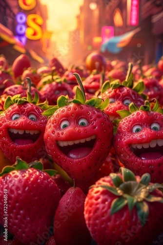 Happy strawberry characters with bright smiles grouped on a city street