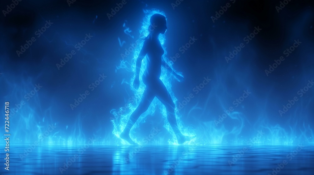 Silhouette of a walking woman surrounded by blue energy in a mystical setting
