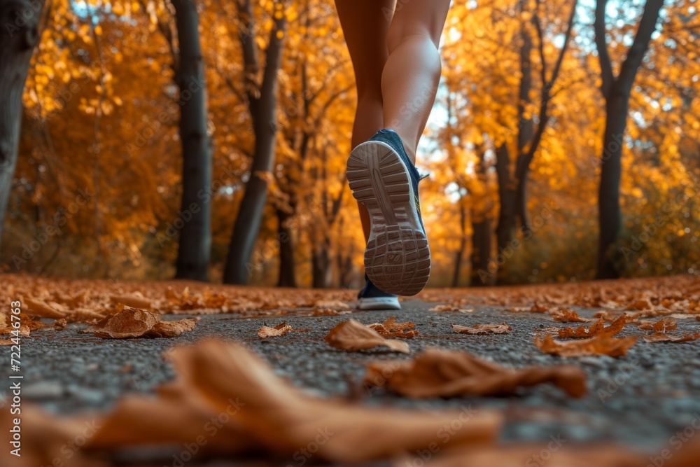 Jogging in an autumn park, athletic legs in sneakers close up, low angle. Concepts: sports, healthy lifestyle, strength, endurance, beautiful body, sports shoes, active recreation