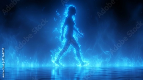Silhouette of a walking woman surrounded by blue energy in a mystical setting © Tiz21
