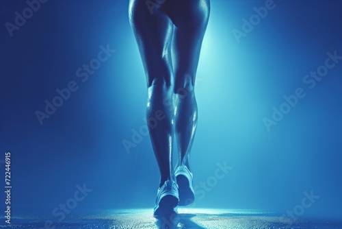 Athletic legs in sneakers on blue background. Concepts: sports, healthy lifestyle, strength, endurance, beautiful body, sports shoes, active recreation photo