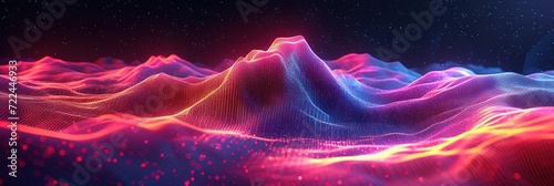 Abstract wave made out of grids that are seen from a cinematic view of one of the holy geometry shapes, the shape is clearly animated, clear neon lines, 3d render, nothingness. photo