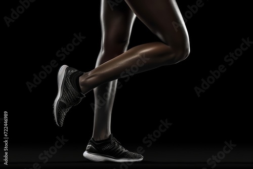 Athletic dark-skinned legs in black sneakers on black background. Concepts: sports, healthy lifestyle, strength, endurance, beautiful body, sports shoes, active recreation