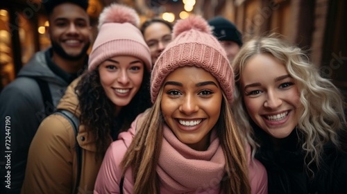 Happy group of multiracial friends celebrating in city streets