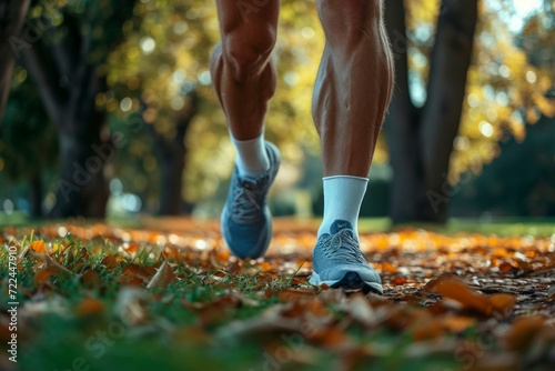 Jogging in a park, athletic legs in sneakers close up, low angle. Concepts: sports, healthy lifestyle, strength, endurance, beautiful body, sports shoes, active recreation