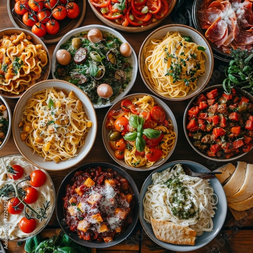Full table of italian meals on plates. Food on table