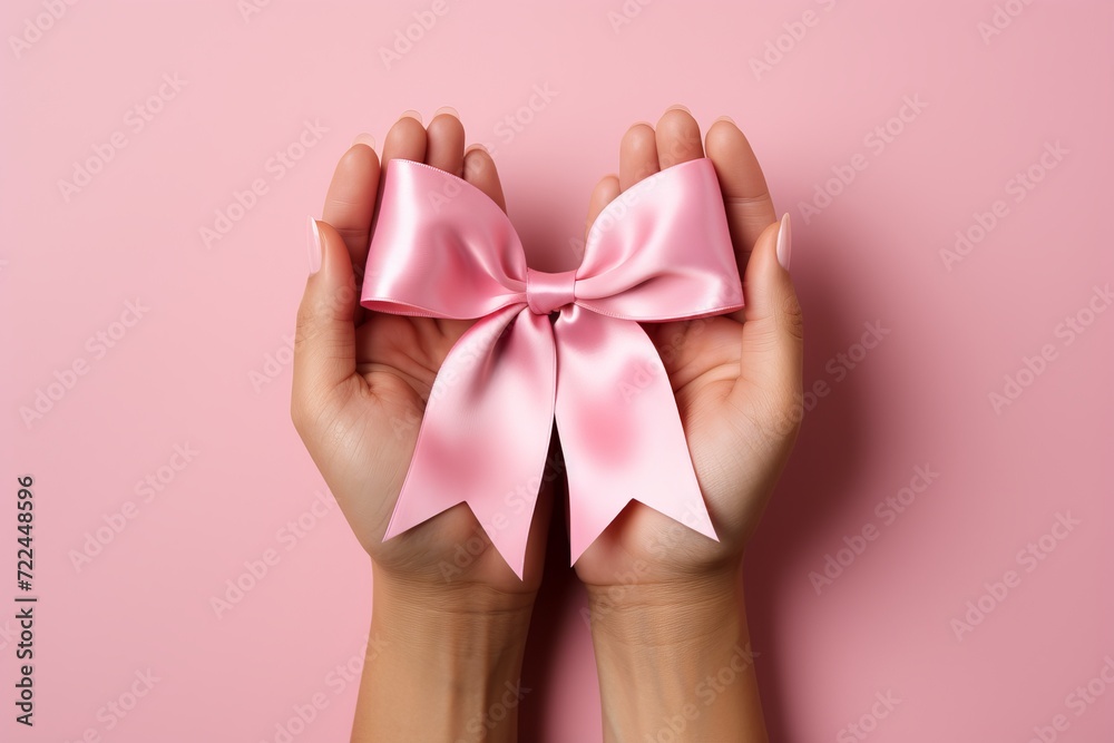 Girl holding pink bow. ideal for text placement in greeting cards, invitations, and designs