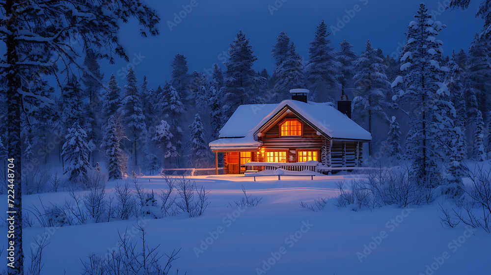A picturesque and inviting cozy cabin nestled in a serene snowy landscape. The warm glow emanating from the windows captures the essence of winter solitude and comfort.