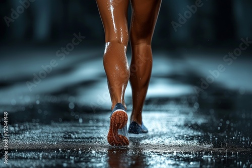 Strong athletic legs in sneakers with orange soles walking on wet asphalt. Concepts: sports, healthy lifestyle, strength, endurance, beautiful body, sports shoes, active recreation