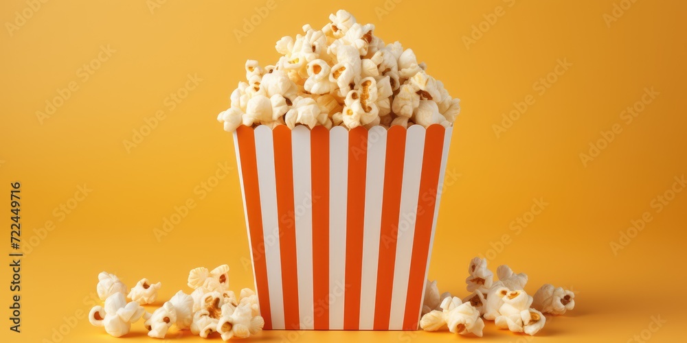 Striped paper box with popcorn on a yellow background