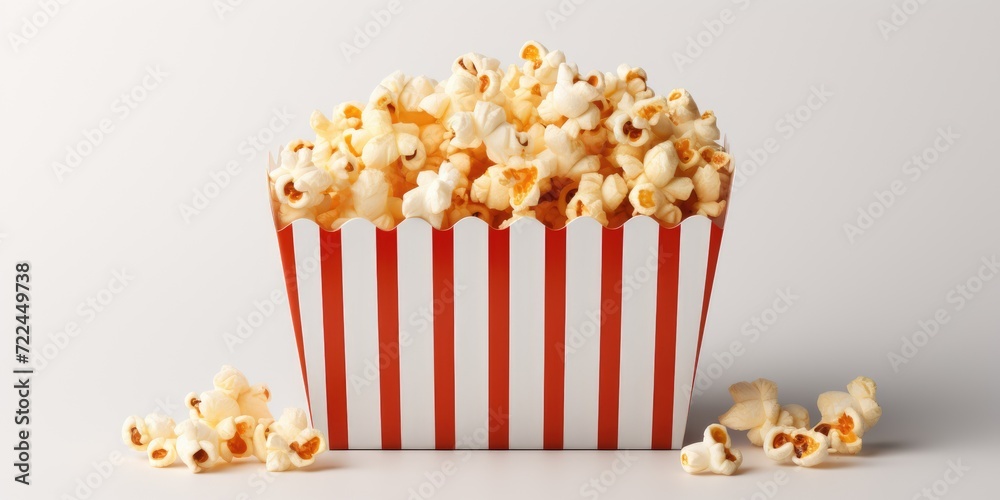 Striped red white paper box with popcorn, popcorn on a light background Striped red white paper box with popcorn, popcorn on a light background