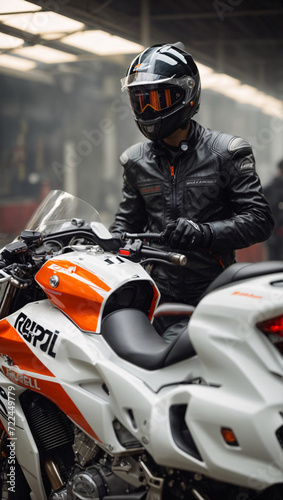 Generate a cinematic and realistic scene featuring a white REPSOL motorcycle with lots of steam in bright environment with foggy weather in white hall © Monmeo