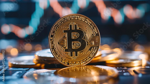 Bitcoin gold coin close-up. Virtual cryptocurrency concept.
