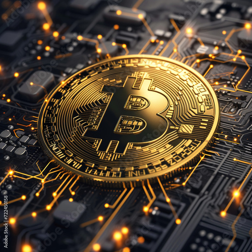 Bitcoin gold coin close-up. Virtual cryptocurrency concept.