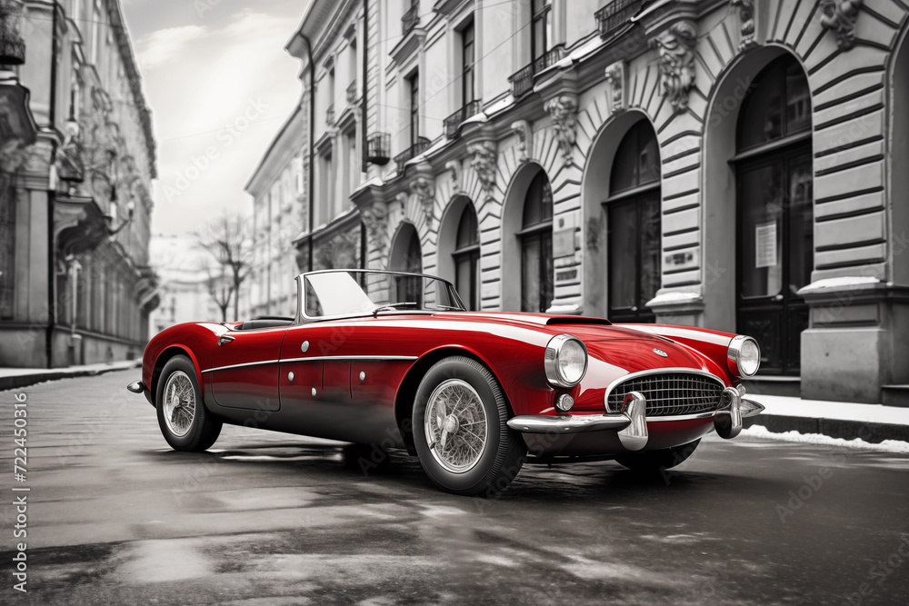 Old black and white city behind red vintage sport car