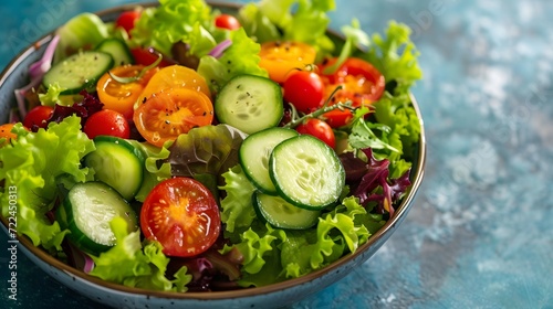 salad bowl filled with colorful leafy greens, juicy tomatoes, crisp cucumbers, and tangy dressing