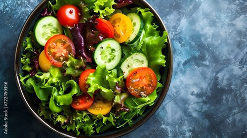 salad bowl filled with colorful leafy greens, juicy tomatoes, crisp cucumbers, and tangy dressing