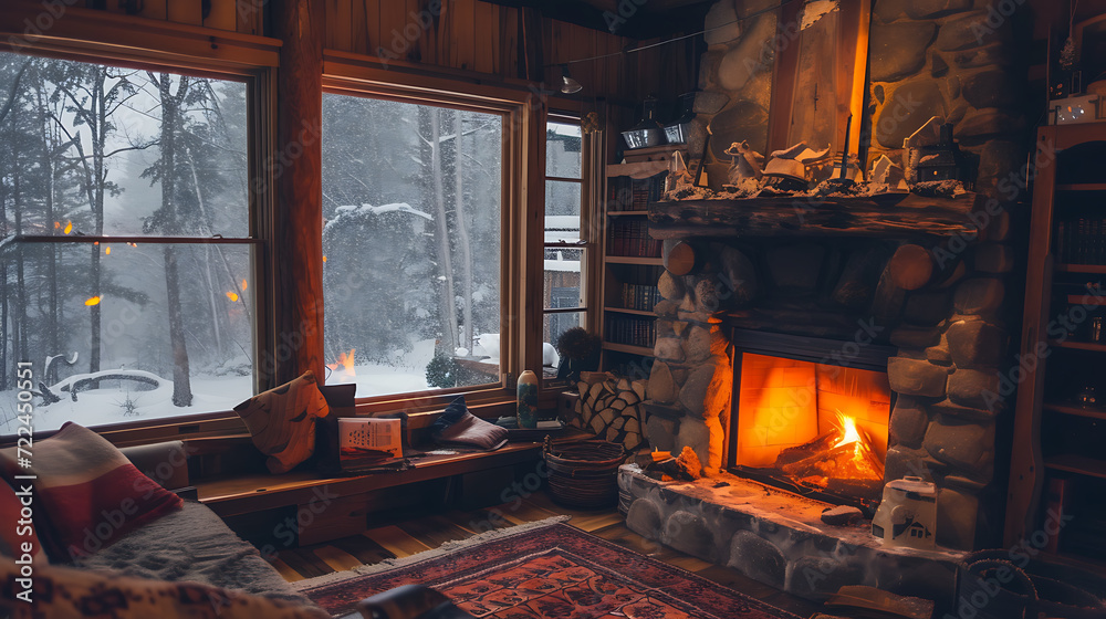 Get cozy this winter in a charming cabin, with a crackling fire and picturesque snowfall, creating a magical winter wonderland. Escape to tranquility and relaxation amidst the winter season.