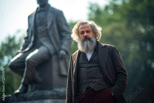 Karl Marx walking through a park with statues of Lenin (generative AI) photo