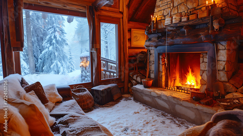 Immerse yourself in winter's enchantment at this cozy cabin, where a crackling fire warms the room as gentle snowflakes blanket the landscape outside. photo