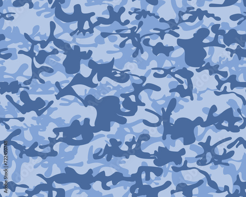 Military Camo Print. Modern Seamless Camouflage. Blue Blue Camouflage Seamless Brush. Hunter Blue Texture. Abstract Vector Background. Cloud Fabric Pattern. Navy Camo Paint. Army Sky Canvas.