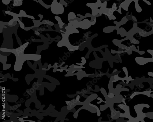 Camouflage Abstract Repeat. Black Camo Print. Seamless Print. Camo Woodland Paint. Fabric Black Texture. Digital Dark Camouflage. Seamless Vector Camoflage. Army Dirty Canvas. Gray Vector Pattern.